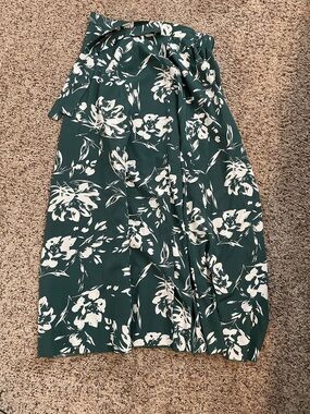 Green Floral Midi Skirt with White Bloom Print